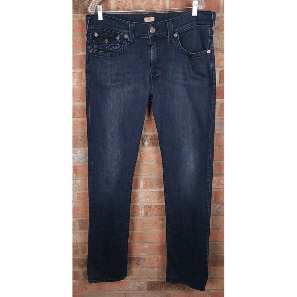 True Religion Geno W Flaps Relaxed Slim Jeans Mens 36x34 Dark Wash Stretch Denim